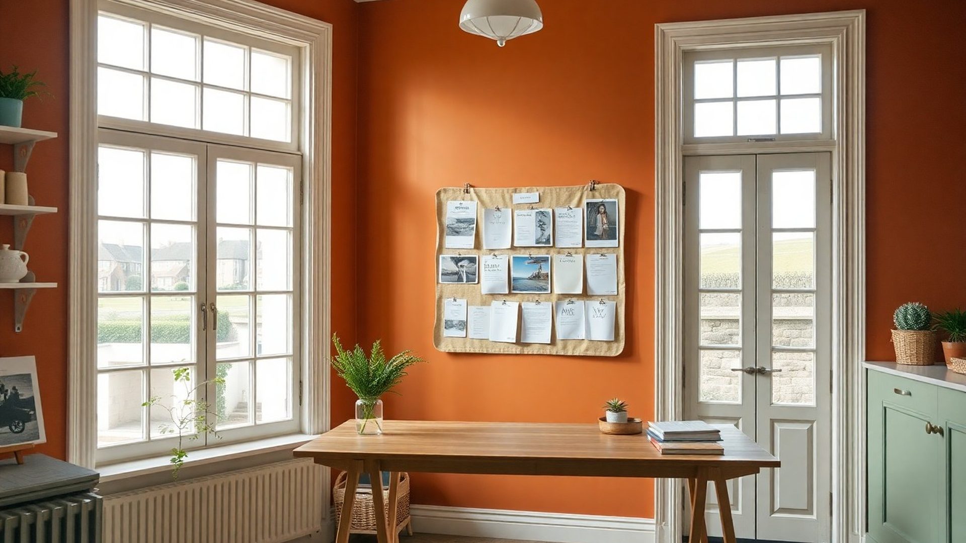 Bright Dundalk studio workspace with terracotta walls and an editorial calendar noticeboard