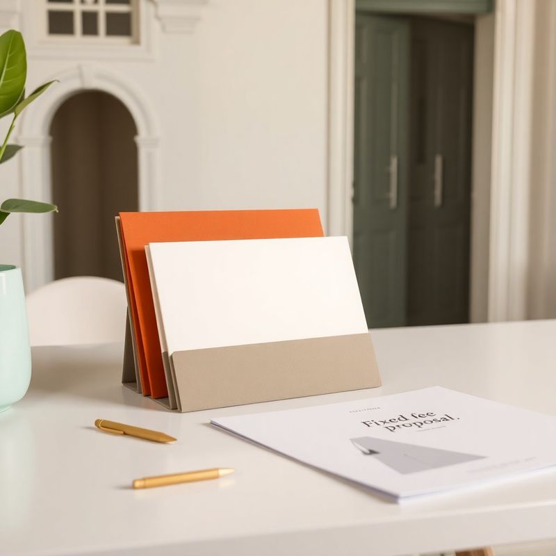 Three tiered proposal folders in terracotta, cream, and stone tones on a clean desk