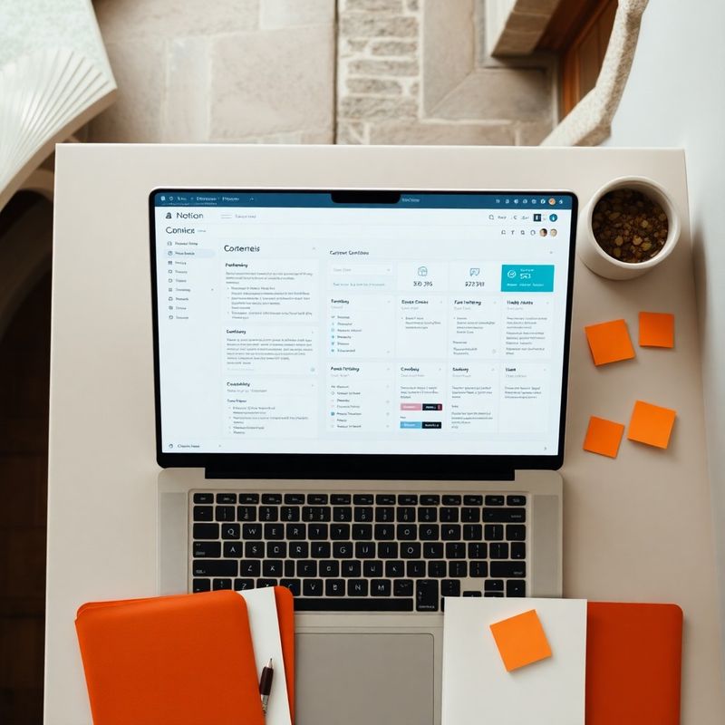 Overhead flat-lay of content workflow documentation, terracotta folders, and a laptop showing a Notion dashboard