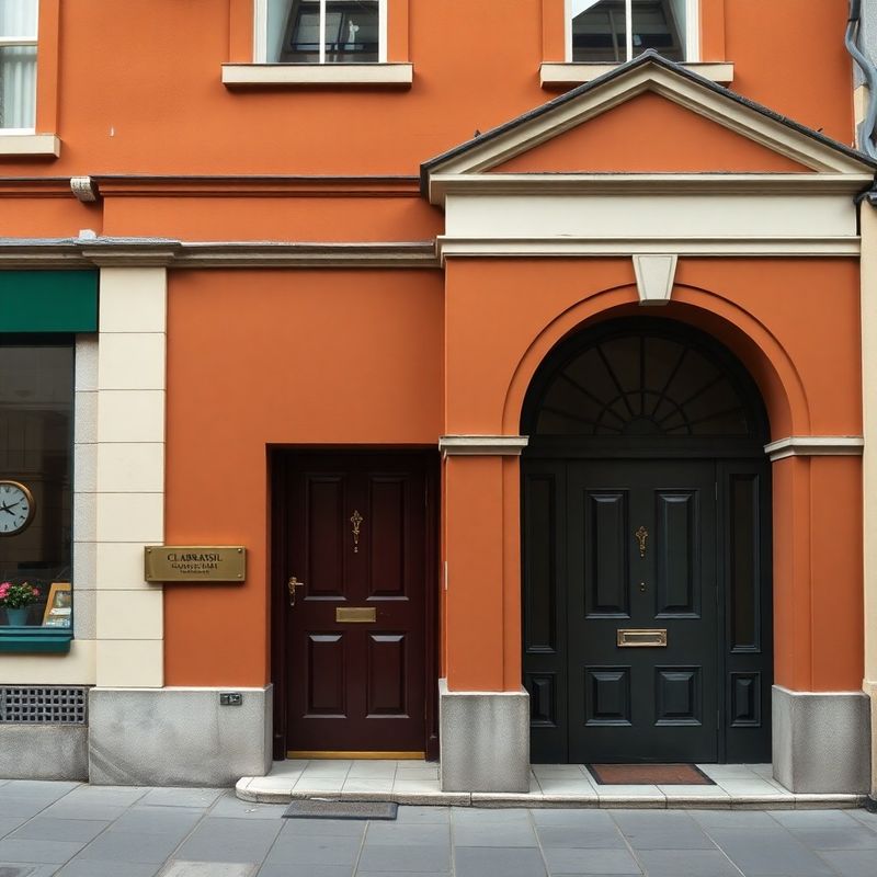 Terracotta-cream Georgian building facade on Clanbrassil Street, Dundalk, with brass name plate beside the arched doorway
