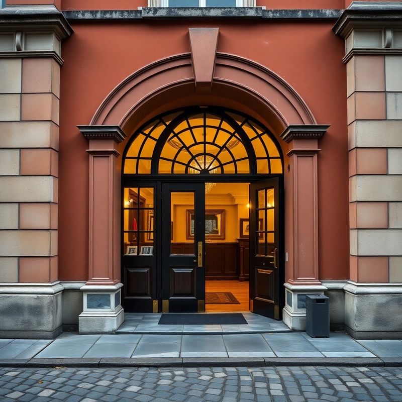 Georgian terracotta-cream building entrance in Dundalk town centre with arched doorway and brass fittings